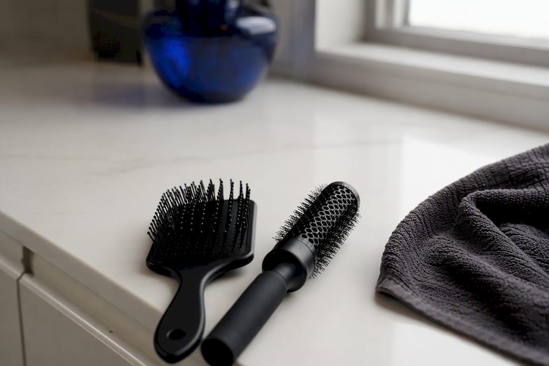 Close-up of paddle and round hairbrush heads