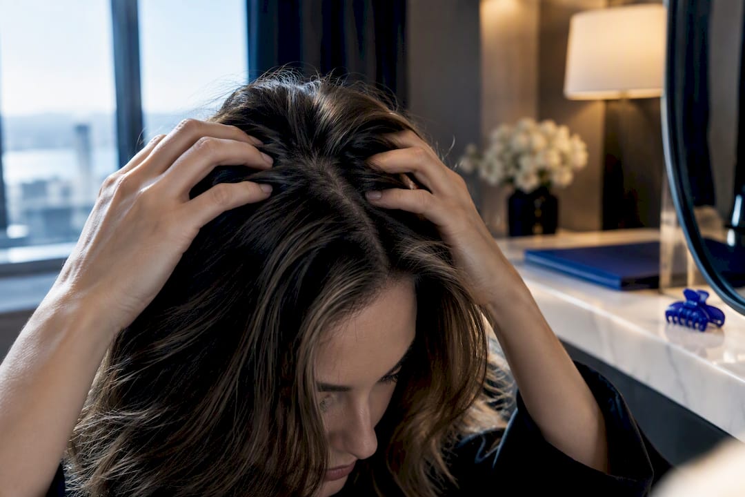 Hands working dry shampoo into roots