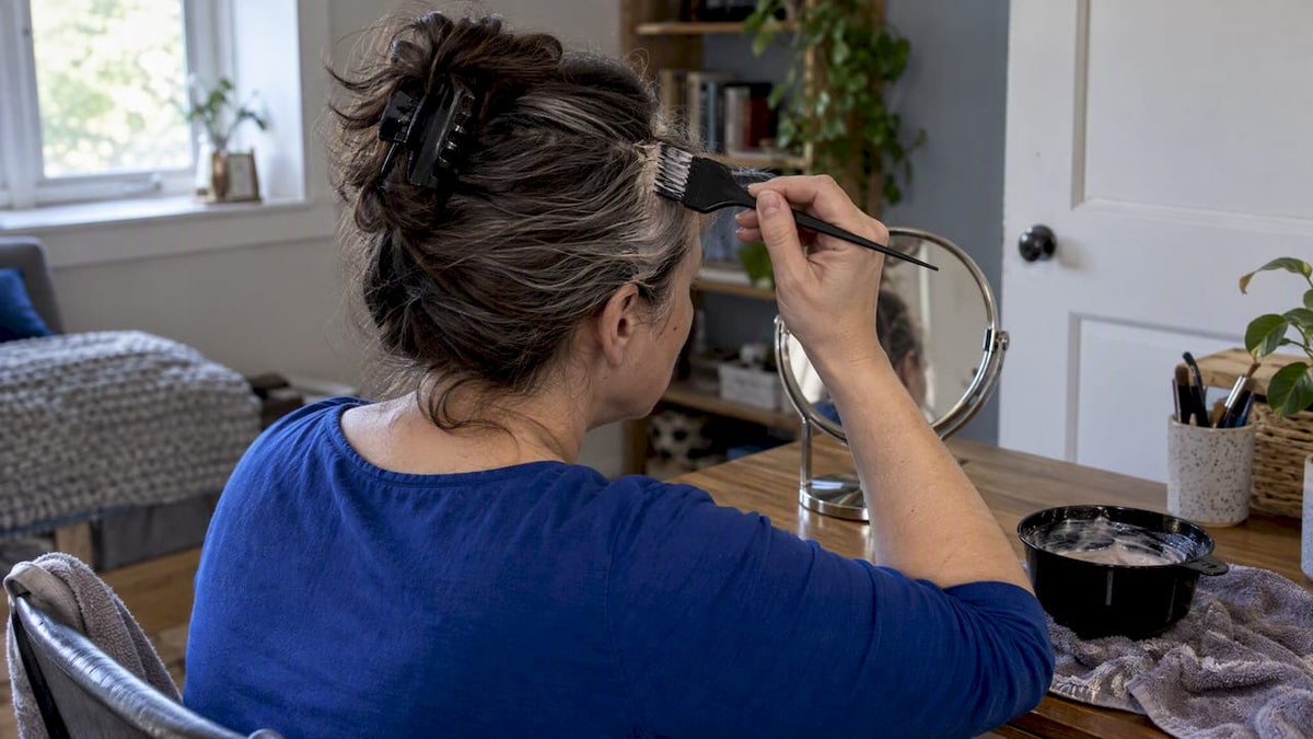 At-home tint application softening grey regrowth