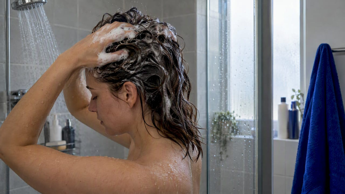 Person shampooing coated hair in shower