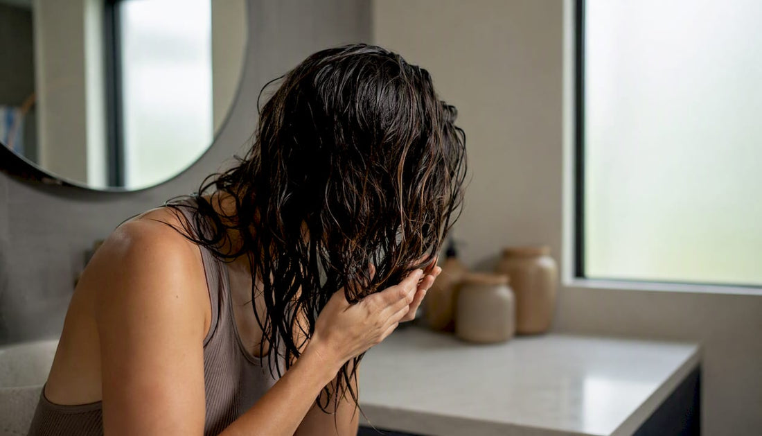 Woman applying leave-in treatment to damp hair