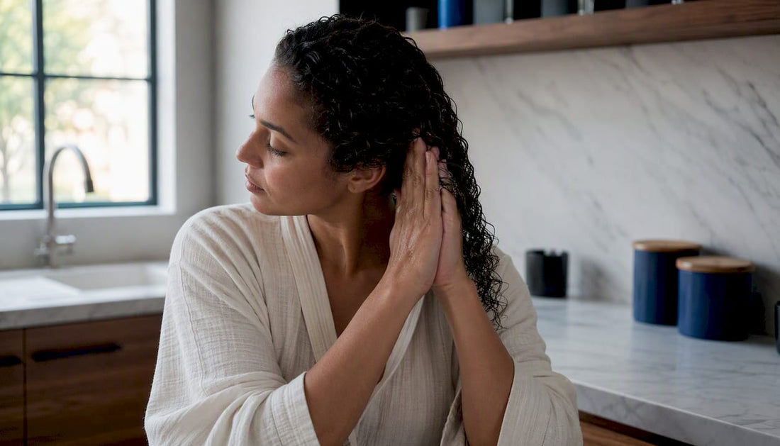 Hands applying leave-in cream to wet curly hair