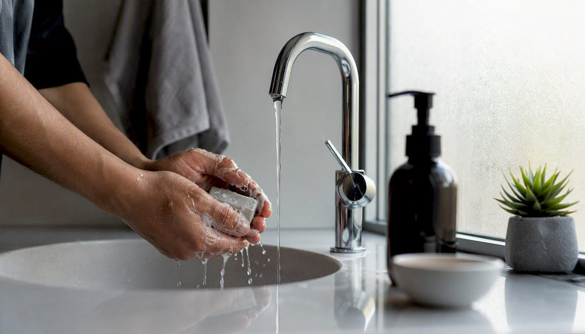 Hands lathering shampoo bar near liquid shampoo bottle