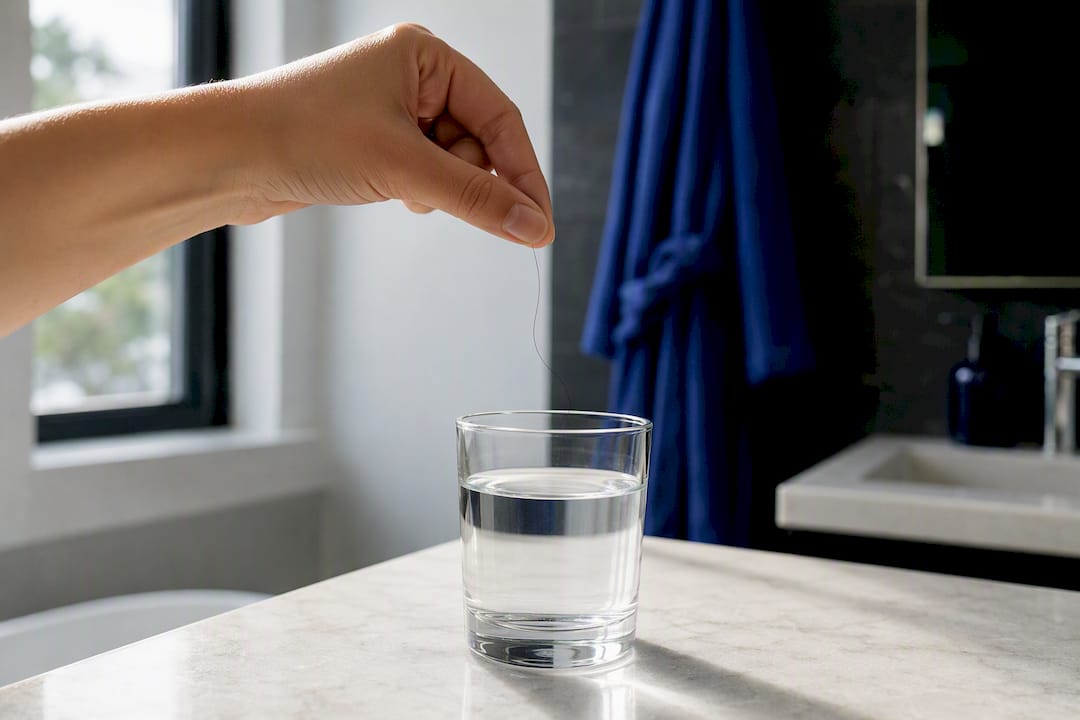 Hand holding hair strand over glass of water