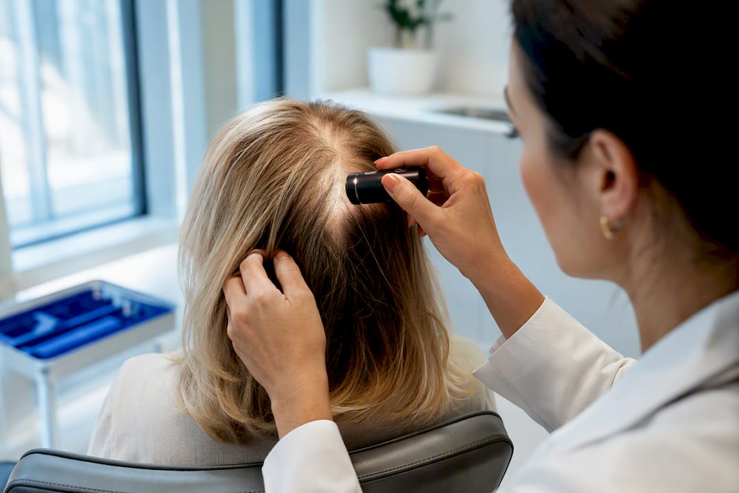 Clinician examining menopausal hair thinning