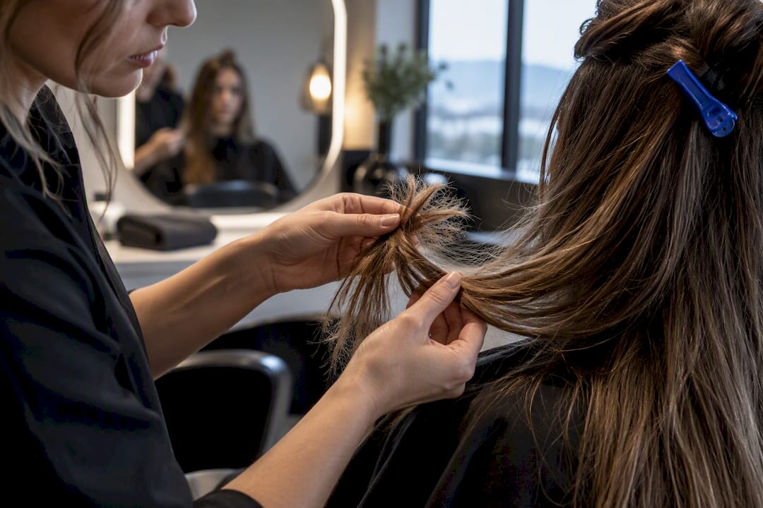 Stylist inspecting fragile hair ends