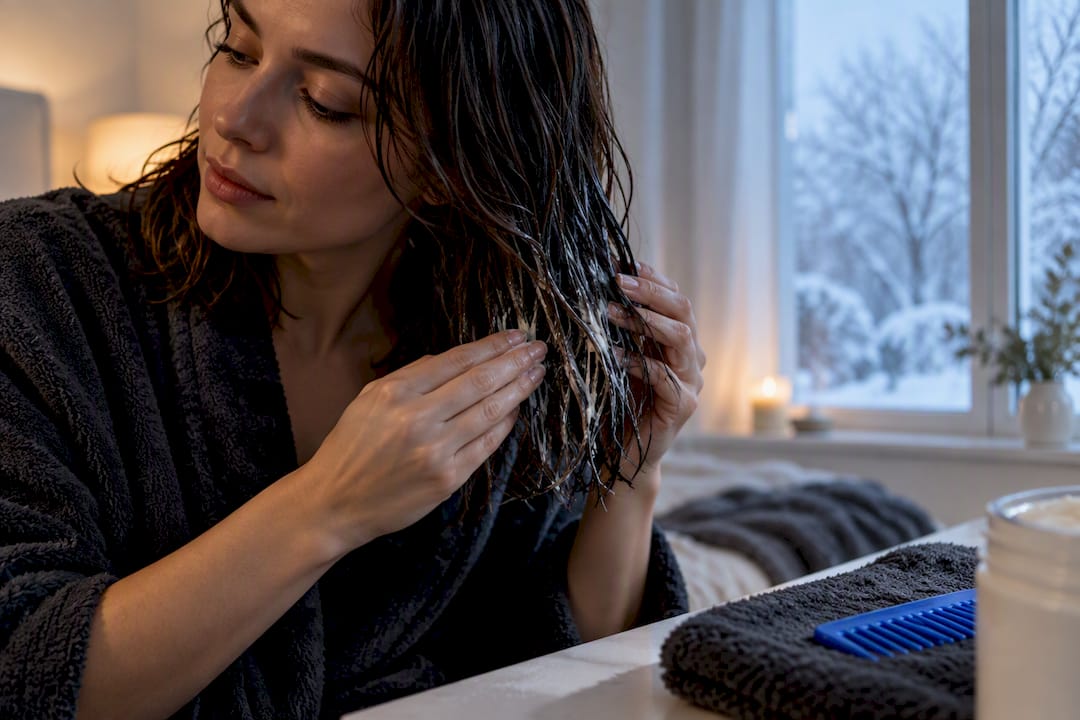 Person applying deep conditioner to winter-dry hair