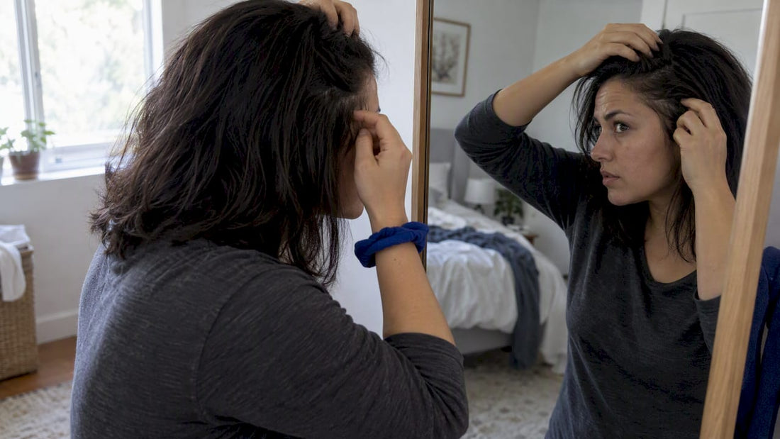 Woman checking short broken hairs at her temple
