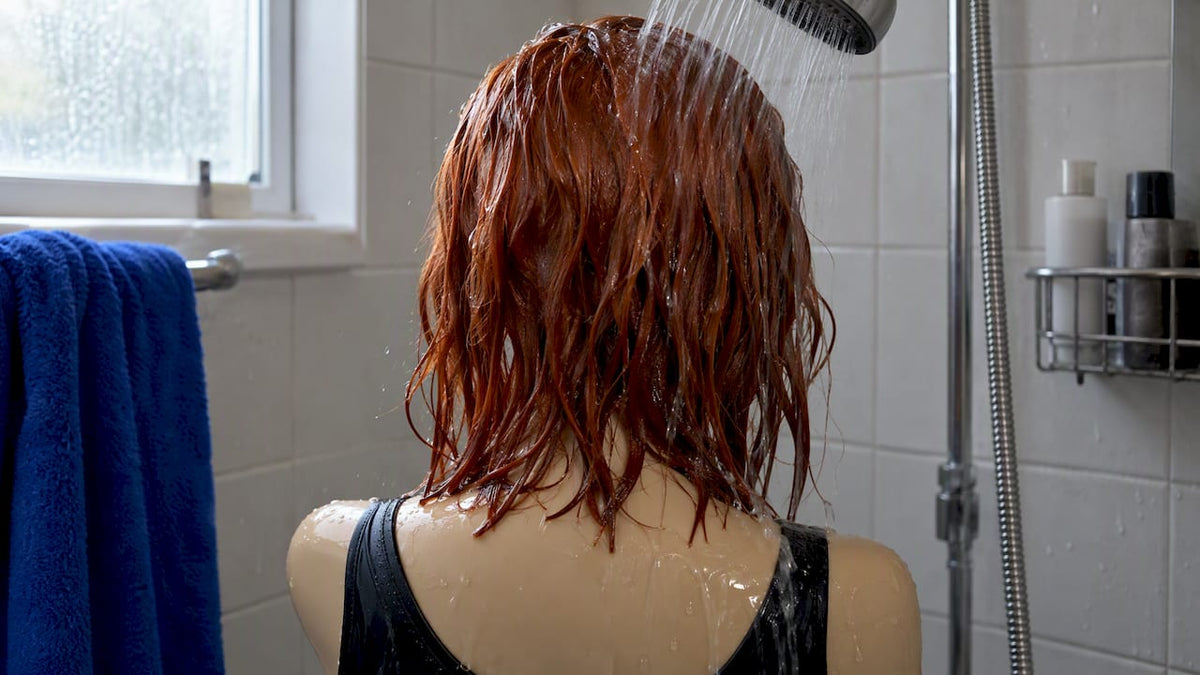 Copper-red hair rinsed under cool water