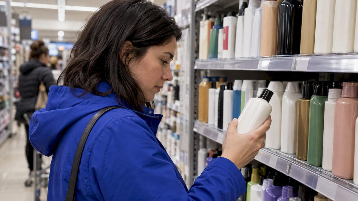 Shopper checking a shampoo bottle label